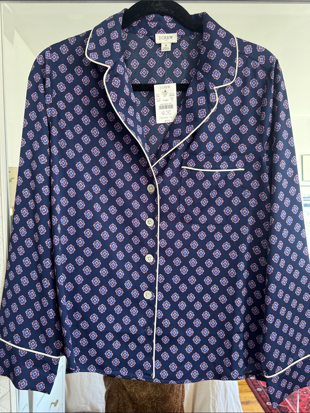 J. Crew Navy Geometric Print Button-Down Shirt with White Piping